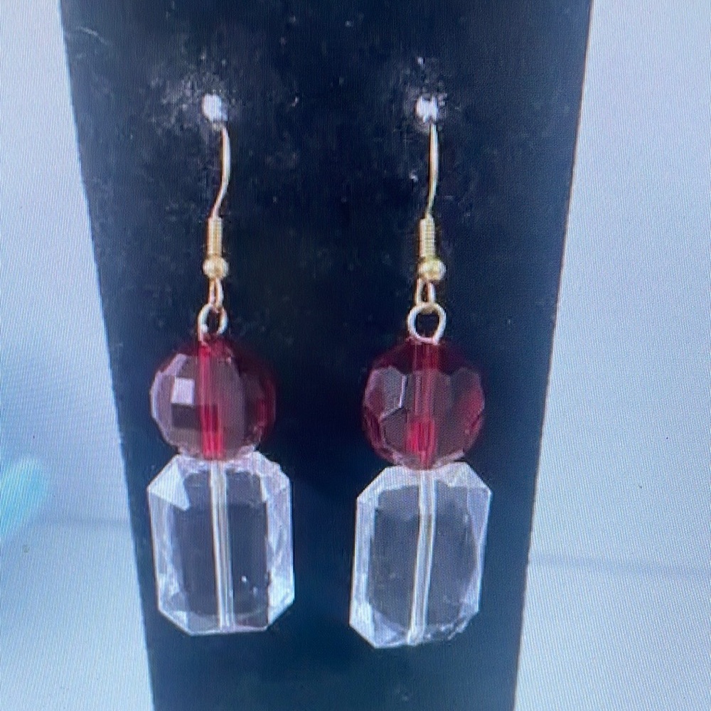 Red and Clear Bead Dangle Earrings with Silver Hooks